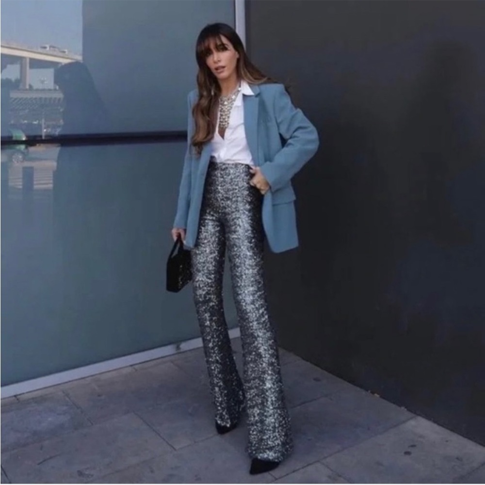 ZARA DARK SILVER GREY HIGH WAIST SEQUINNED FLARED WIDE LEG PANTS NWT - Picture 4 of 7